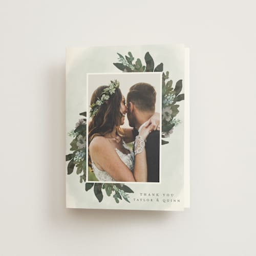This is a evergreen wedding thank you cards with standard by Grace Kreinbrink called foliage wreath printing on strathmore in standard