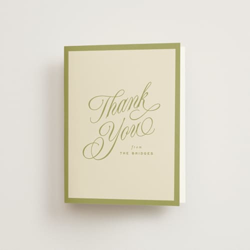 This is a olive wedding thank you cards with standard by Ellen Schlegelmilch called rory printing on strathmore in standard