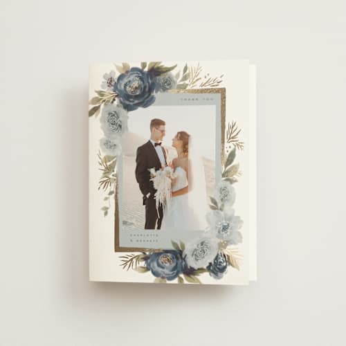 This is a indigo wedding thank you cards with foil pressed by Wildfield Paper Co called romantic frame printing on strathmore in standard