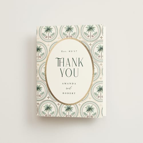 This is a sand wedding thank you cards with foil pressed by Maria Alou called vintage palms printing on strathmore in standard