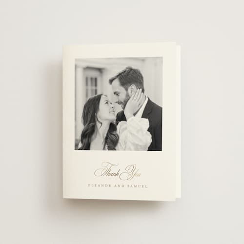 This is a ivory wedding thank you cards with foil pressed by Mansi Verma called gold crest printing on strathmore in standard