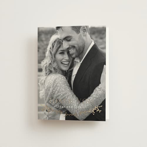 This is a alabaster wedding thank you cards with foil pressed by Susan Moyal called delicate vine printing on strathmore in standard