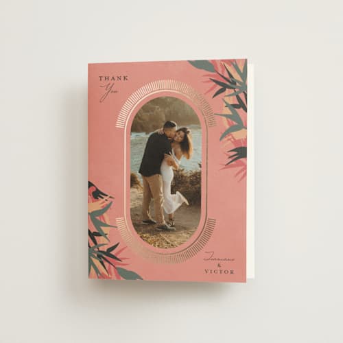 This is a coral wedding thank you cards with foil pressed by Julie Hebert called birds of paradise printing on strathmore in standard
