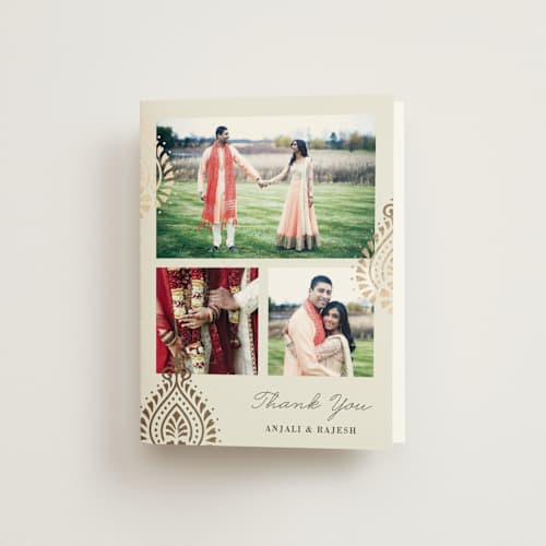 This is a champagne wedding thank you cards with foil pressed by Oma N. Ramkhelawan called henna stamp printing on strathmore in standard