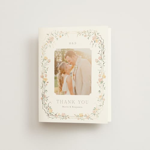 This is a golden summer wedding thank you cards with foil pressed by Erin L. Wilson called victorian trellis printing on strathmore in standard