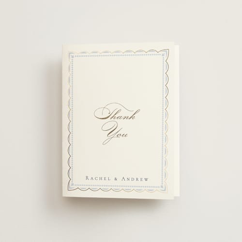 This is a dusty blue wedding thank you cards with foil pressed by Janean Hinger called aurelia printing on strathmore in standard