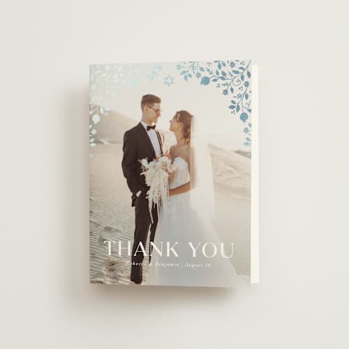 This is a royal wedding thank you cards with foil pressed by Nam Bourassa called pomegranate floral frame printing on strathmore in standard