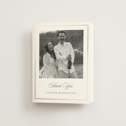 This is a sage wedding thank you cards with foil pressed by Lucrecia Caporale called country elegance printing on strathmore in standard