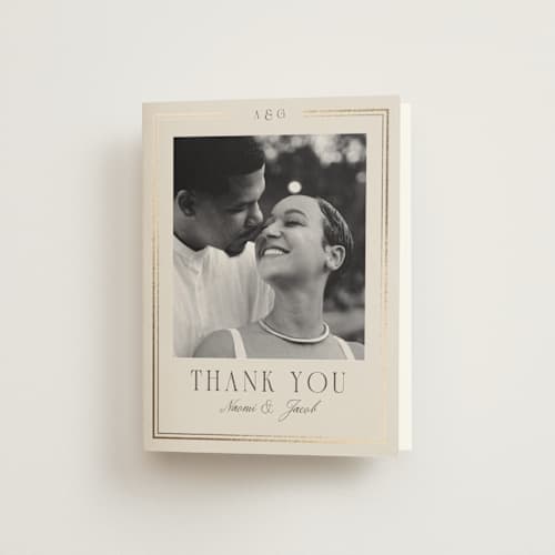 This is a champagne wedding thank you cards with foil pressed by Nicole Walsh called grace printing on strathmore in standard