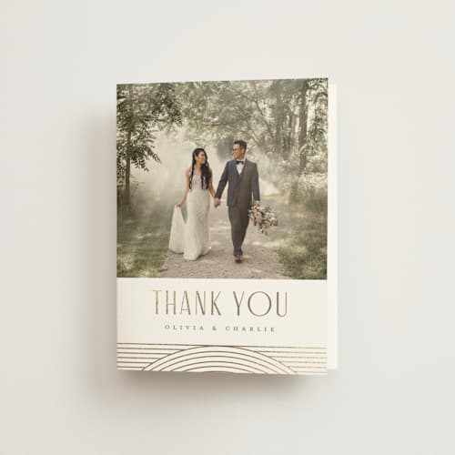 This is a alabaster wedding thank you cards with foil pressed by Pixel and Hank called moderne printing on strathmore in standard
