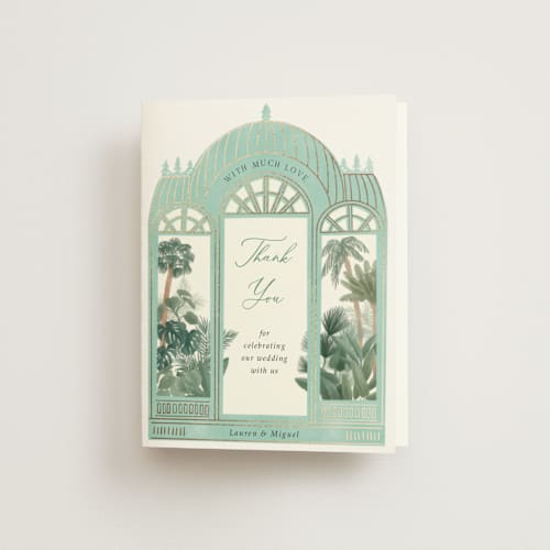 This is a seagreen wedding thank you cards with foil pressed by Elly called the greenhouse printing on strathmore in standard