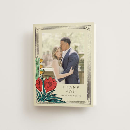 This is a birch wedding thank you cards with foil pressed by Shiny Penny Studio called deco spring florals printing on strathmore in standard