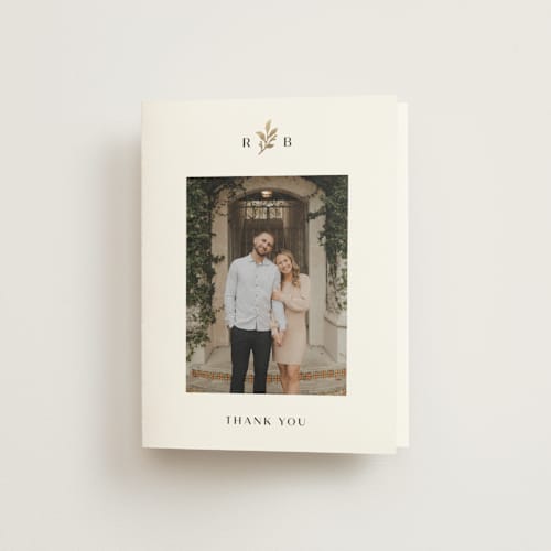 This is a black dahlia wedding thank you cards with foil pressed by Olivia Raufman called petite sprig printing on strathmore in standard