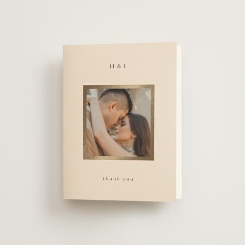 This is a latte wedding thank you cards with foil pressed by Stacy Maalouf called framed photo printing on strathmore in standard