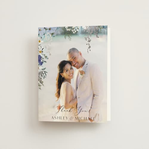 This is a serenity wedding thank you cards with foil pressed by Susan Moyal called layered florals printing on strathmore in standard