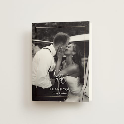 This is a silk wedding thank you cards with foil pressed by Kelly Schmidt called monogram script printing on strathmore in standard