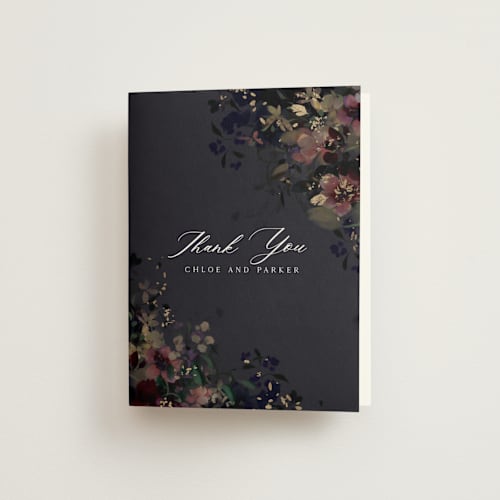 This is a midnight wedding thank you cards with foil pressed by Grace Kreinbrink called vintage rose garden printing on strathmore in standard