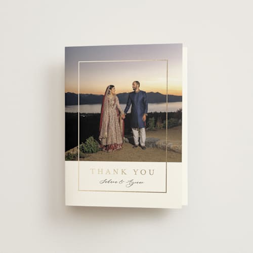This is a pearl wedding thank you cards with foil pressed by Nicole Walsh called gilded frame printing on strathmore in standard