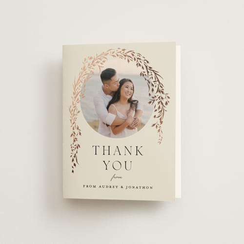This is a almond wedding thank you cards with foil pressed by Erin L. Wilson called trailing vines printing on strathmore in standard