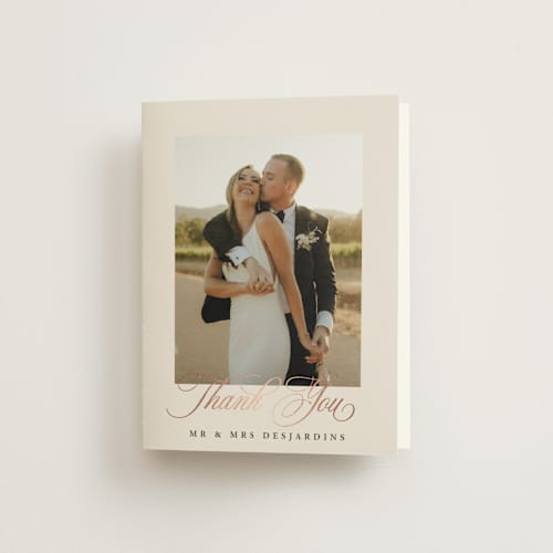 This is a cream wedding thank you cards with foil pressed by Hooray Creative called and centered printing on strathmore in standard