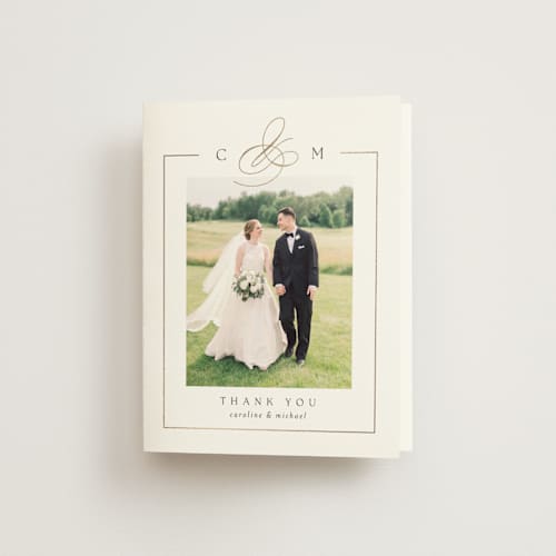 This is a silk wedding thank you cards with foil pressed by Kelly Schmidt called framed monogram printing on strathmore in standard