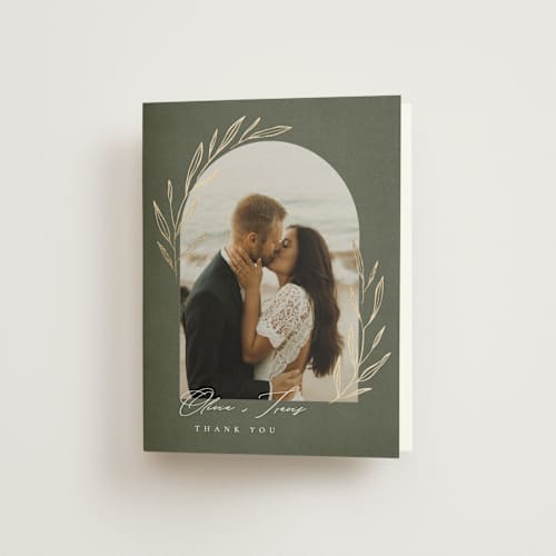 This is a moss wedding thank you cards with foil pressed by Kelly Schmidt called leaves printing on strathmore in standard