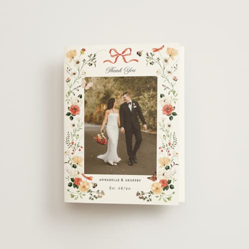 This is a verona sunset wedding thank you cards with foil pressed by Sarah Knight called fleur printing on strathmore in standard