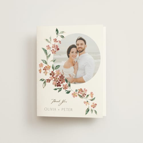 This is a dusty rose wedding thank you cards with foil pressed by Itsy Belle Studio called sweeping vine printing on strathmore in standard