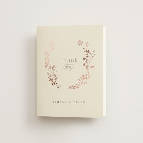 This is a creme brulee wedding thank you cards with foil pressed by Jennifer Wick called queen anne's lace printing on strathmore in standard