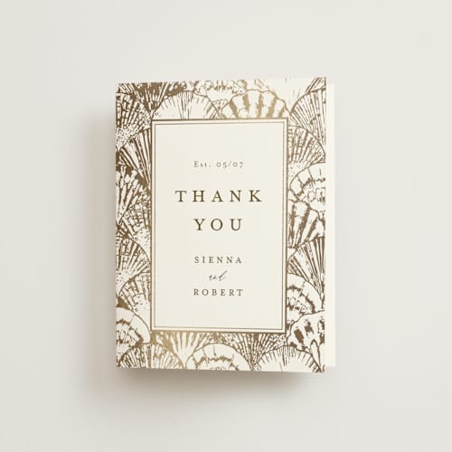 This is a pearl wedding thank you cards with foil pressed by Maria Alou called by the seashore printing on strathmore in standard