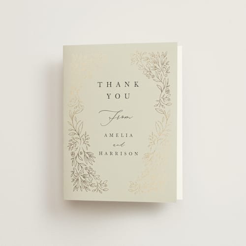 This is a taupe wedding thank you cards with foil pressed by Hannah Williams called foil botanical frame printing on strathmore in standard