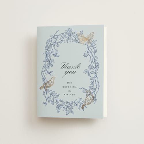 This is a cornflower wedding thank you cards with foil pressed by Grae called meet me in the garden printing on strathmore in standard