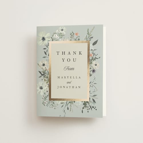 This is a mist wedding thank you cards with foil pressed by Hannah Williams called blue garden printing on strathmore in standard