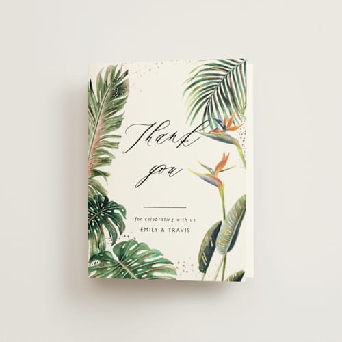 This is a tropical wedding thank you cards with foil pressed by Elly called our paradise printing on strathmore in standard