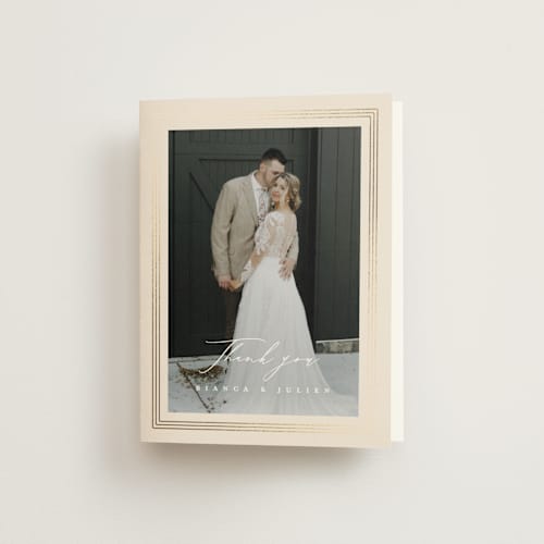 This is a latte wedding thank you cards with foil pressed by Kristie Kern called soleil printing on strathmore in standard
