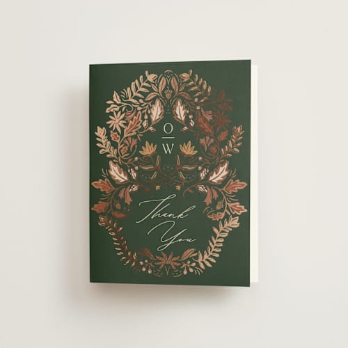 This is a leaf wedding thank you cards with foil pressed by Erin German called autumnal arch printing on strathmore in standard
