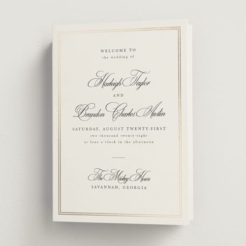 This is a snow unique wedding programs with foil pressed by Sarah Brown called traditionalist printing on signature in folded