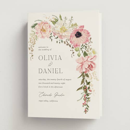 This is a peony unique wedding programs with foil pressed by Susan Moyal called timeless blooms printing on signature in folded