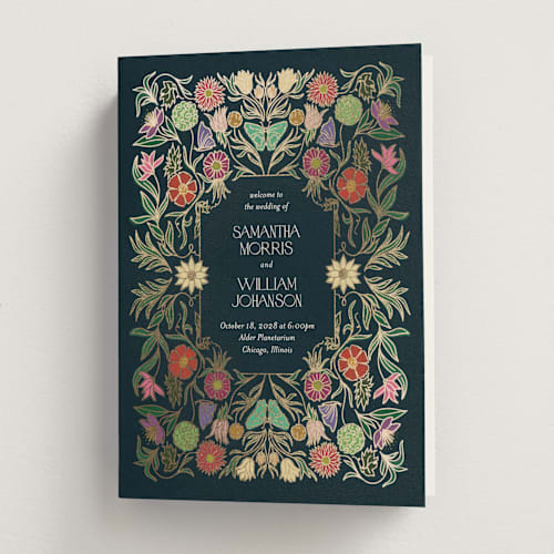 This is a midnight garden unique wedding programs with foil pressed by Simona Camp called gilded tapestry printing on signature in folded
