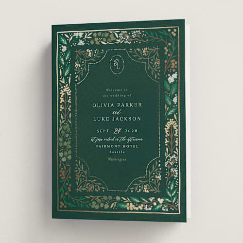 This is a evergreen unique wedding programs with foil pressed by Alethea and Ruth called illuminated storybook printing on signature in folded
