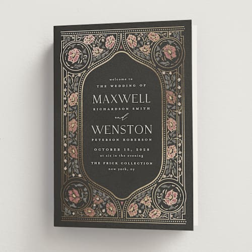 This is a ebony unique wedding programs with foil pressed by Ana de Sousa called timeless nature printing on signature in folded