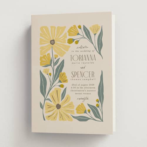 This is a buttercup unique wedding programs with foil pressed by Karidy Walker called storybook garden printing on signature in folded