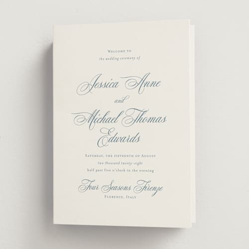 This is a dusty blue unique wedding programs with standard by Jennifer Postorino called empire printing on signature in folded