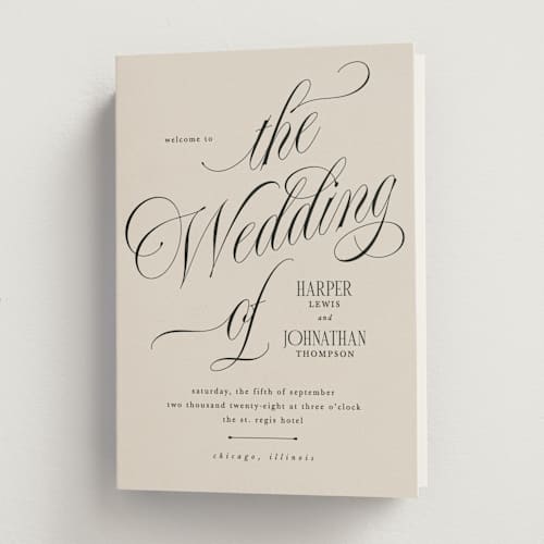 This is a linen unique wedding programs with standard by Kate Ahn called mirin printing on signature in folded