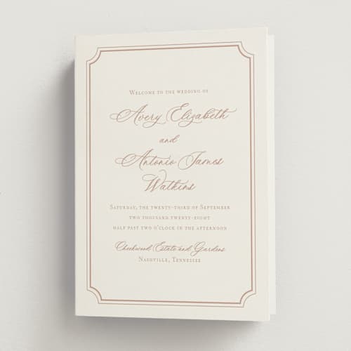 This is a dusty pink unique wedding programs with standard by Jennifer Postorino called avery printing on signature in folded