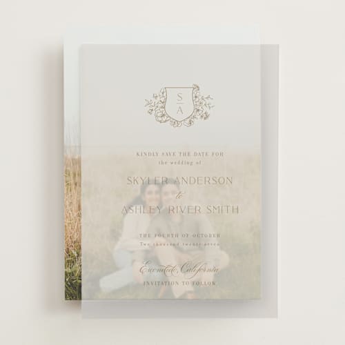 This is a champagne vellum overlays with standard by Cass Loh called floral crest printing on translucent vellum in overlay