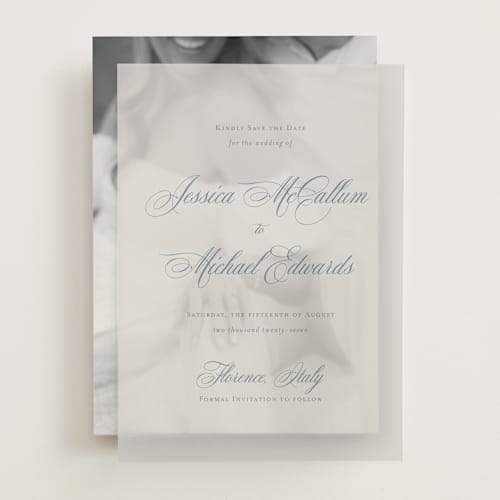 This is a dusty blue vellum overlays with standard by Jennifer Postorino called empire printing on translucent vellum in overlay