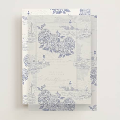 This is a periwinkle vellum overlays with standard by Jenna Holcomb called coastal toile printing on translucent vellum in overlay