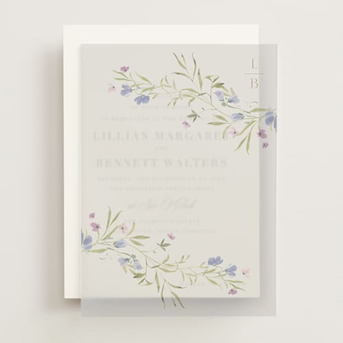 This is a wisteria vellum overlays with standard by Everett Paper Goods called sweeping meadow printing on translucent vellum in overlay