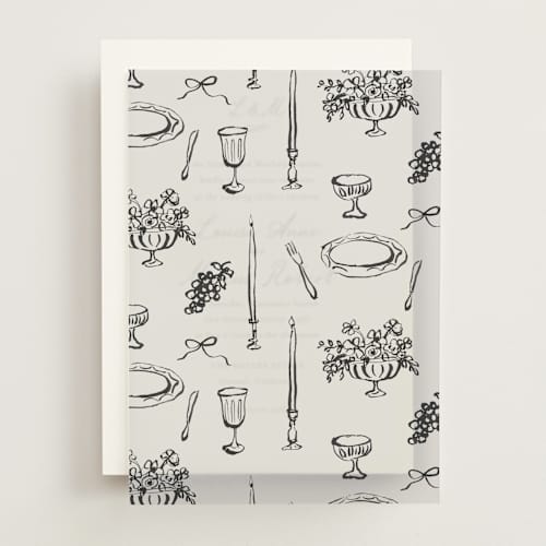 This is a black dahlia vellum overlays with standard by Cass Loh called tablescape drawing printing on translucent vellum in overlay